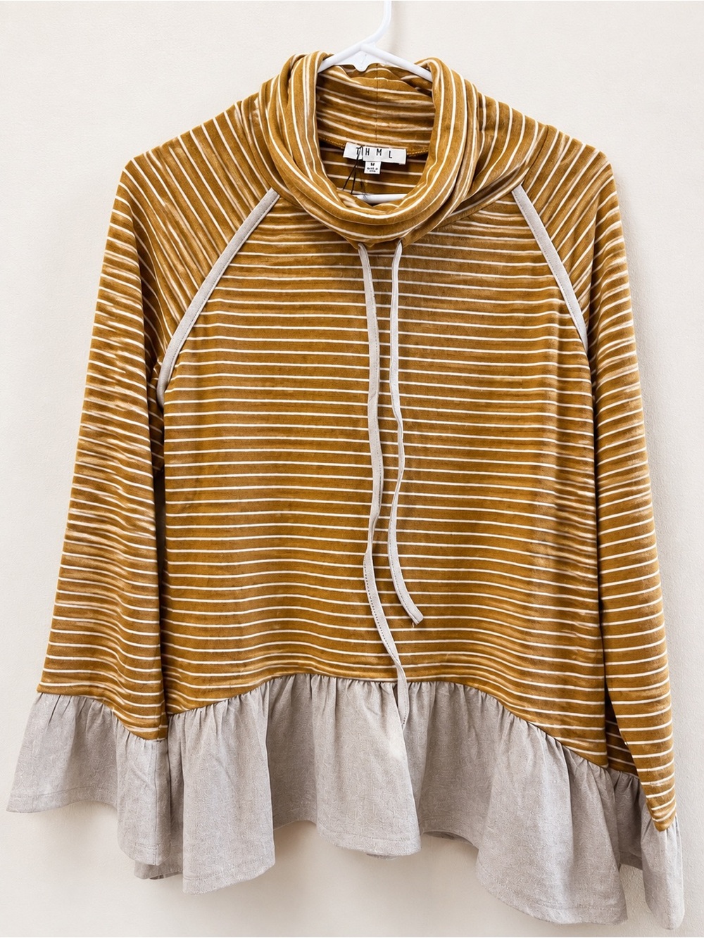 THML Mustard Striped Cowl Neck Sweater with Cream Ruffle Hem
